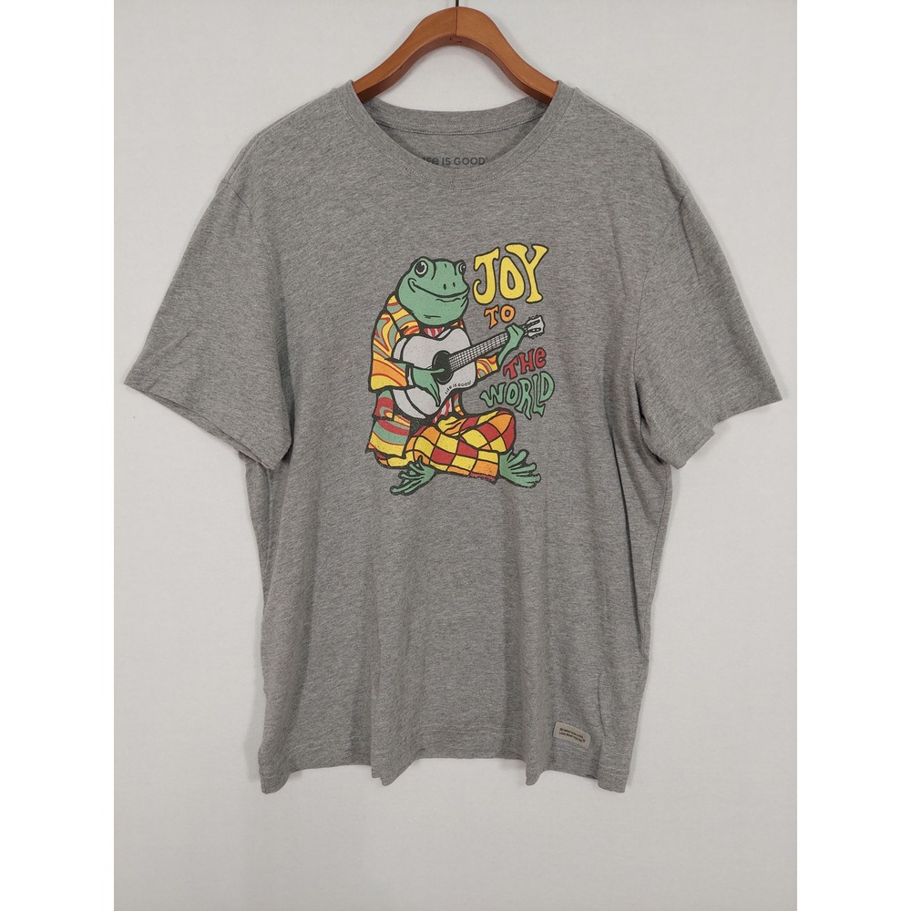 Life is Good Crusher Tee Men L Joy to the World Frog Guitar Graphic T-Shirt Gray
